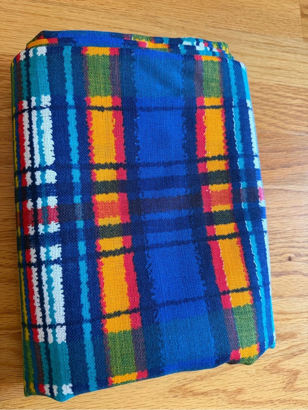 Vintage retro 1970s bright colored plaid tablecloth picnic cloth 74”x44” Mod